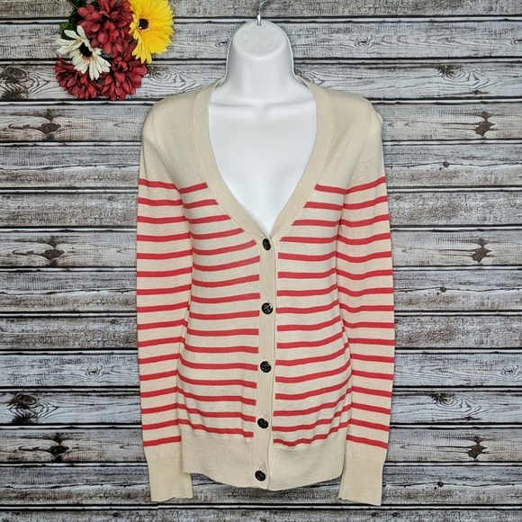 BDG Sweaters - BDG UO | Classic Striped Red & Cream Cardigan | S